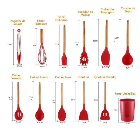 Kit Jogo 12 Peças Utensílios de Cozinha Silicone Colher Espátula de cozinha Livre de BPA Antiaderente com Suporte