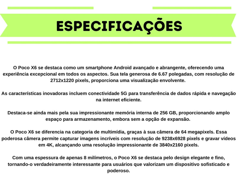 Xiaomi PocoPhone Poco X6 5G Versão Global | Smartphone 5G , ROM Global , Câmera 64MP , Carregador 67W