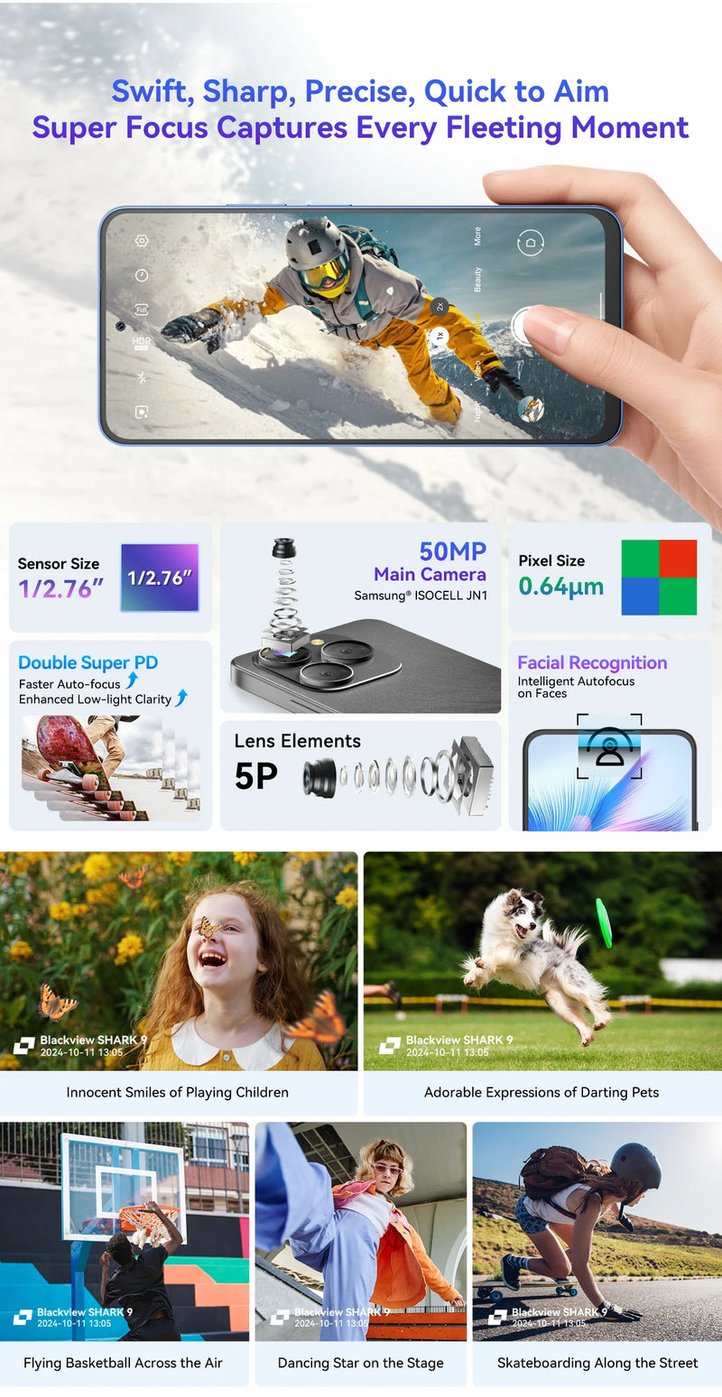 Blackview SHARK 9 5G Smartphone 6,67'' HD+ IPS 90Hz Display NFC 50MP AI Câmera principal GPS Android 14 Celular