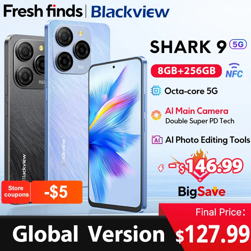 Blackview SHARK 9 5G Smartphone 6,67'' HD+ IPS 90Hz Display NFC 50MP AI Câmera principal GPS Android 14 Celular