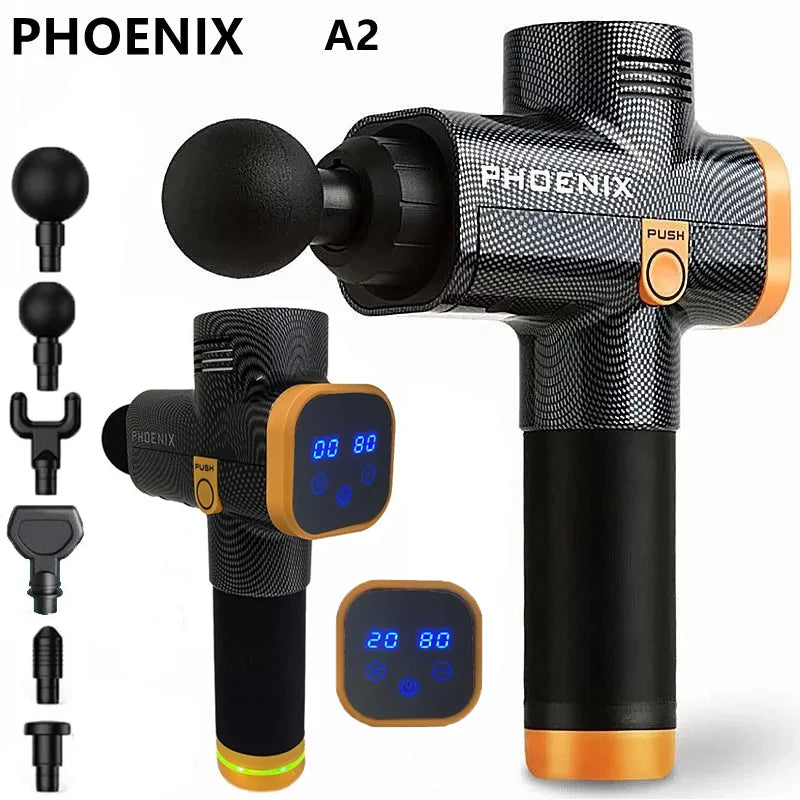 Phoenix A2 Massagem Pistola Relaxamento Muscular Massageador de Tecido Profundo Vibrador Dinâmico Costas Portátil Display Portátil Pistola de Massagem de Fáscia